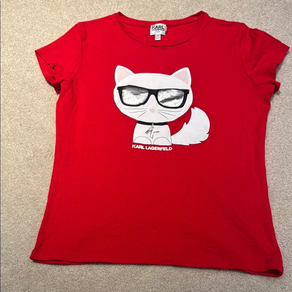 Karl Lagerfeld Kids Red Tee with Cat and Glasses blouse shirt